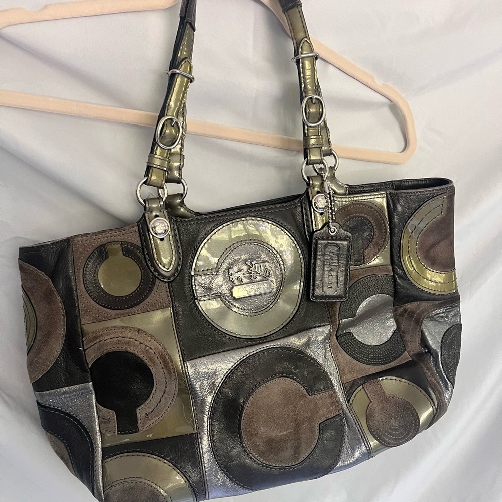 Womens coach handbag suede and patent leather bronze brown silver
